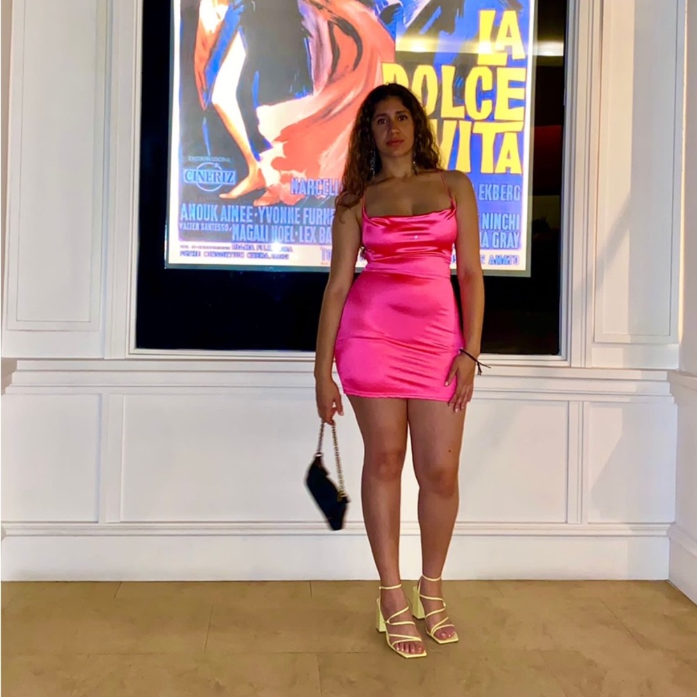 Hot pink mini dress.